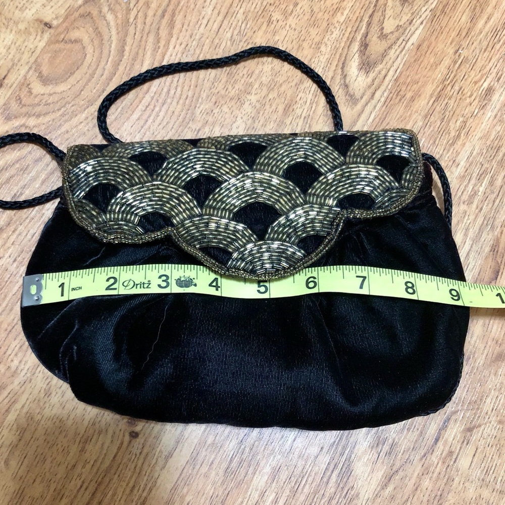 Vintage 70s Crushed Velvet Mini Shoulder Bag Beaded Black Gold Sparkly Art Deco - Picture 7 of 9